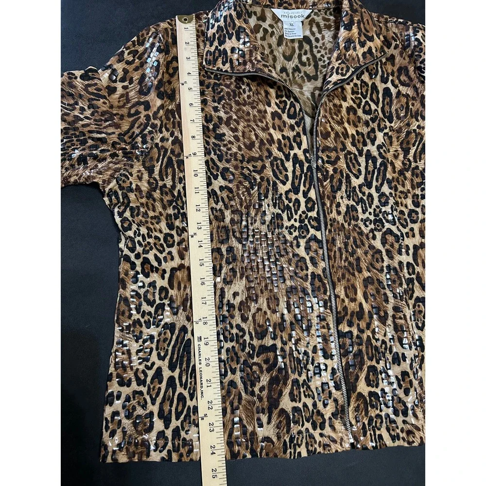 Exclusively Misook Leopard Print Jacket Women XL Shimmer Sequin Full Zip Stretch - Picture 5 of 7